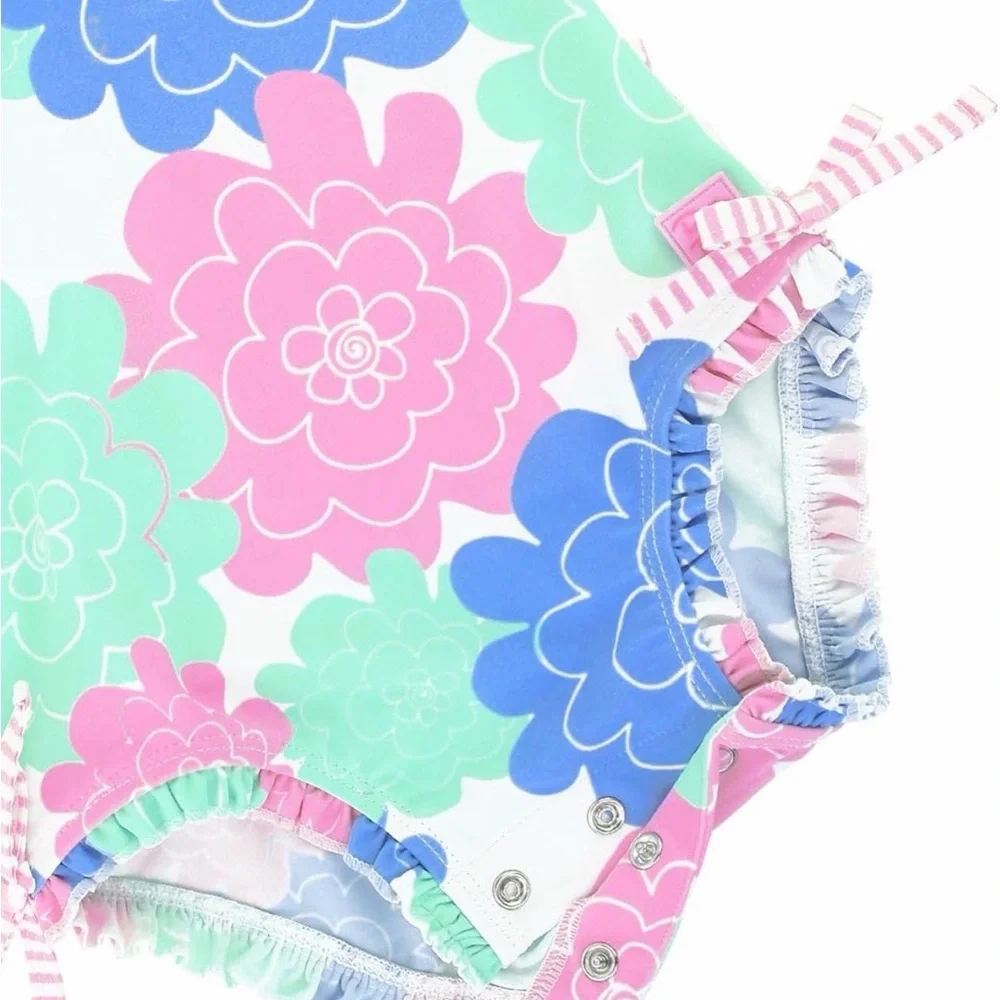 Ruffle Butts Girls One-Piece Swimsuit in Pink, Mint & Blue Floral